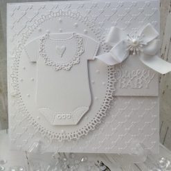 Luxury Handmade New Baby/Baby Shower - All white, Sweet Baby 8x8" card with decorative Oval, heart embossed background & baby onesie