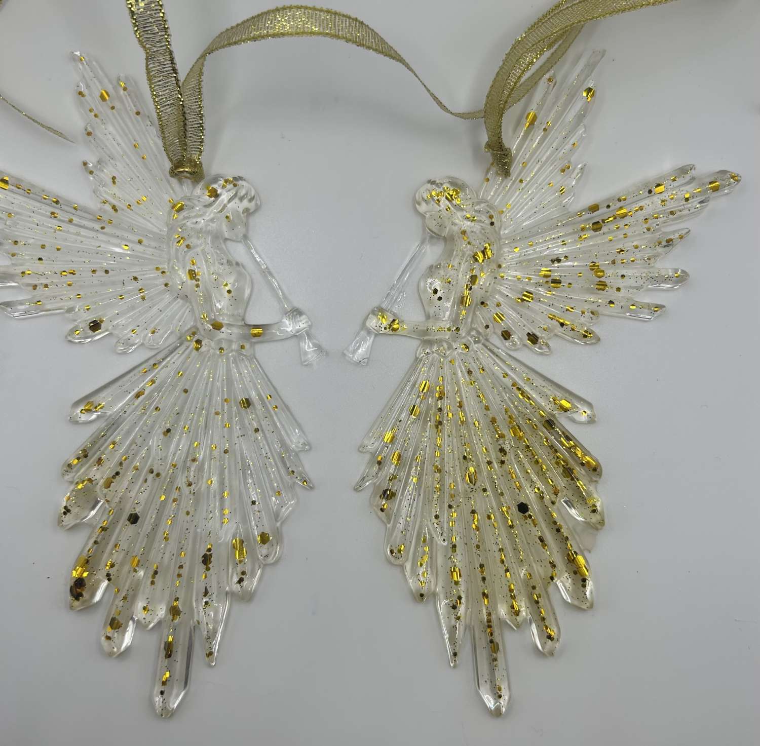 Pair of gold glitter angel fairies playing flute ornaments MadeMe