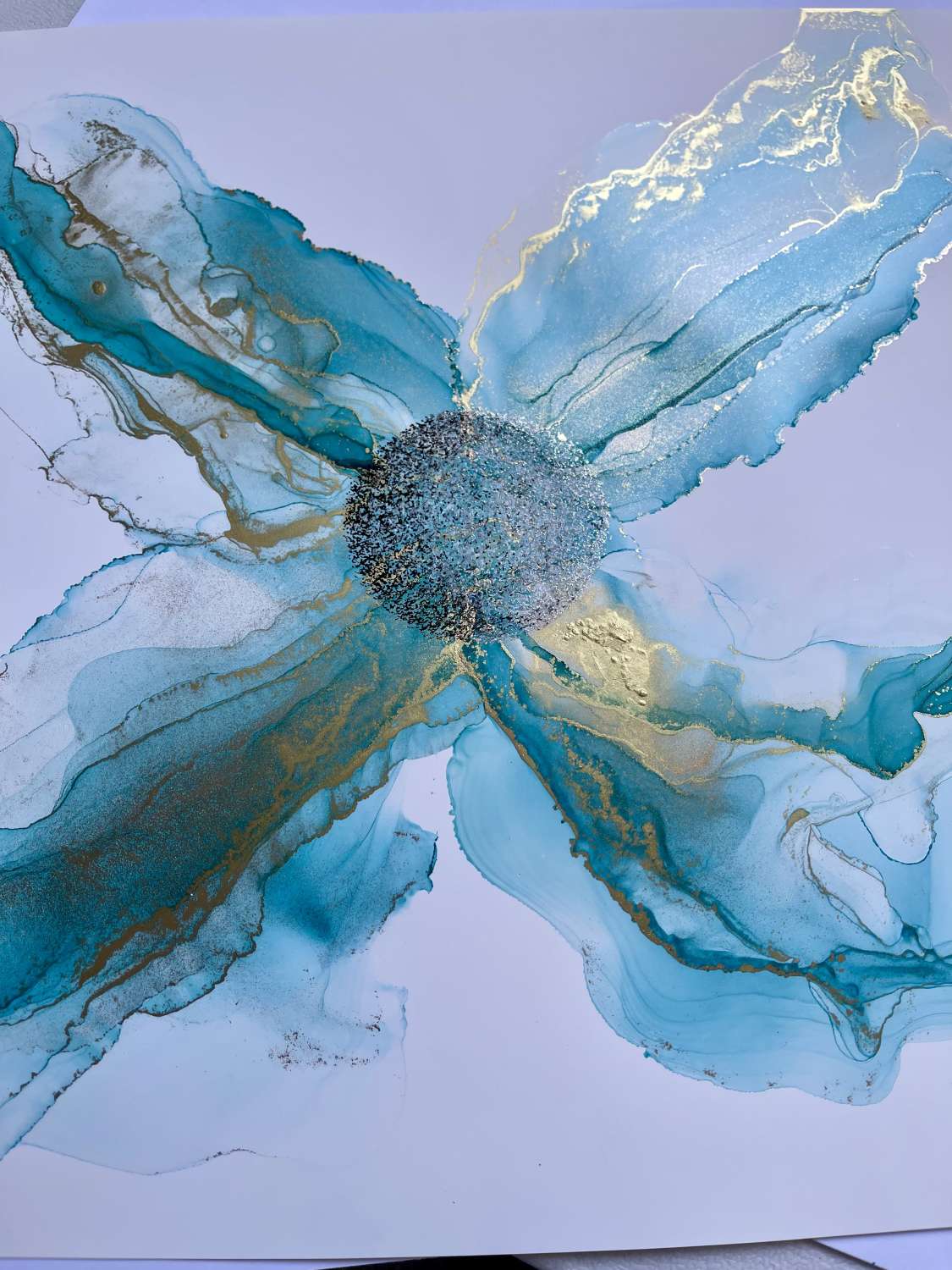 Original Framed Teal Blue/metallic Gold Abstract Painting MadeMe