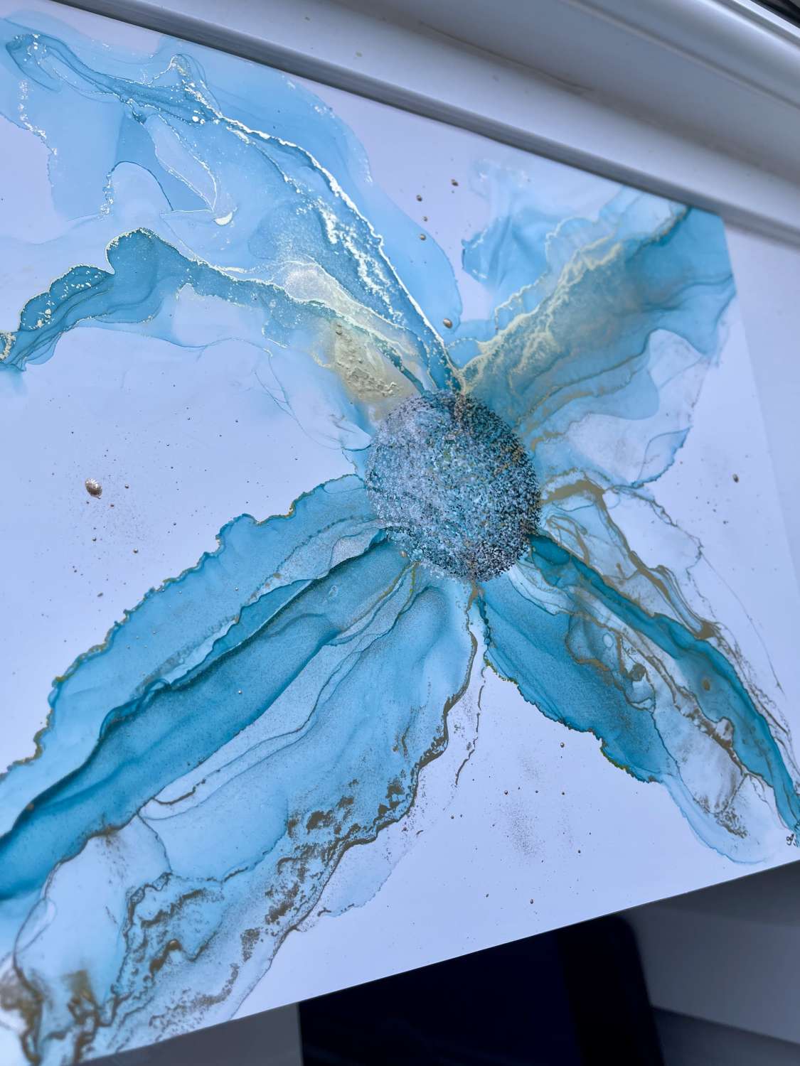 Original Framed Teal Blue/metallic Gold Abstract Painting MadeMe