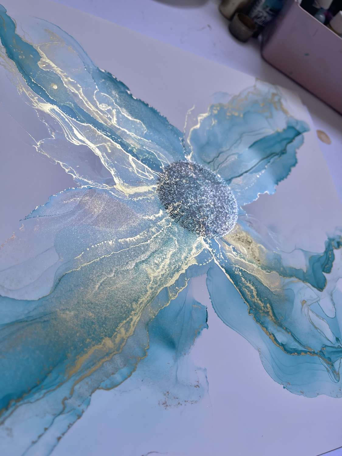 Original Framed Teal Blue/metallic Gold Abstract Painting MadeMe