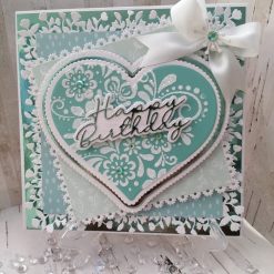 Luxury Handmade Birthday - Teal & White, Happy Birthday, with flowery heart & bow