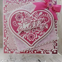 Luxury Handmade Birthday - Pink & White, Happy Birthday, with flowery heart & bow
