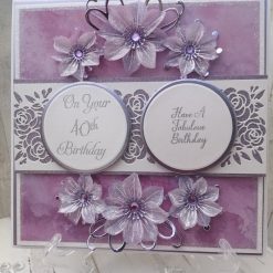 Luxury Handmade card - Aged Birthday - Amethyst & White - Have a Fabulous Birthday with lacey panel & flower sprays to top & bottom (Select age when ordering)