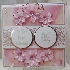 Luxury Handmade card - Aged Birthday - Pink & White - Have a Fabulous Birthday with lacey panel & flower sprays to top & bottom (Select age when ordering)