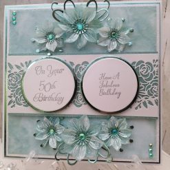 Luxury Handmade card - Aged Birthday - Aquamarine & White - Have a Fabulous Birthday with lacey panel & flower sprays to top & bottom (Select age when ordering)