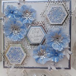 Luxury Handmade Birthday - Pretty Blue, white & silver 'Best Wishes' with diagonal hexagon panel & sprays of flowers