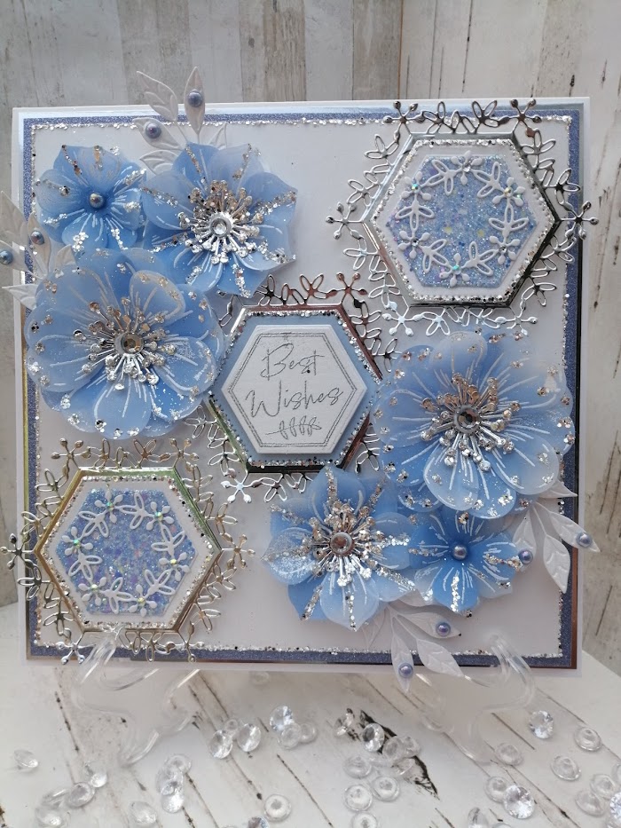 Luxury Handmade Birthday - Pretty Blue, white & silver 'Best Wishes' with diagonal hexagon panel & sprays of flowers Luxury Handmade Birthday - Pretty Blue, white & silver 'Best Wishes' with diagonal hexagon panel & sprays of flowers