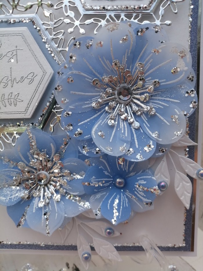 Luxury Handmade Birthday - Pretty Blue, white & silver 'Best Wishes' with diagonal hexagon panel & sprays of flowers Luxury Handmade Birthday - Pretty Blue, white & silver 'Best Wishes' with diagonal hexagon panel & sprays of flowers