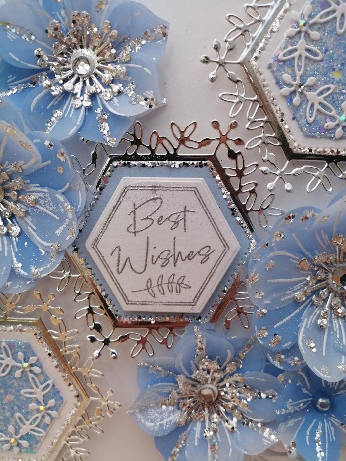 Luxury Handmade Birthday - Pretty Blue, white & silver 'Best Wishes' with diagonal hexagon panel & sprays of flowers Luxury Handmade Birthday - Pretty Blue, white & silver 'Best Wishes' with diagonal hexagon panel & sprays of flowers