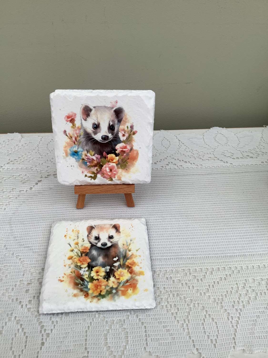 DECOUPAGED SLATE COASTERS WITH A FERRET DESIGN MadeMe