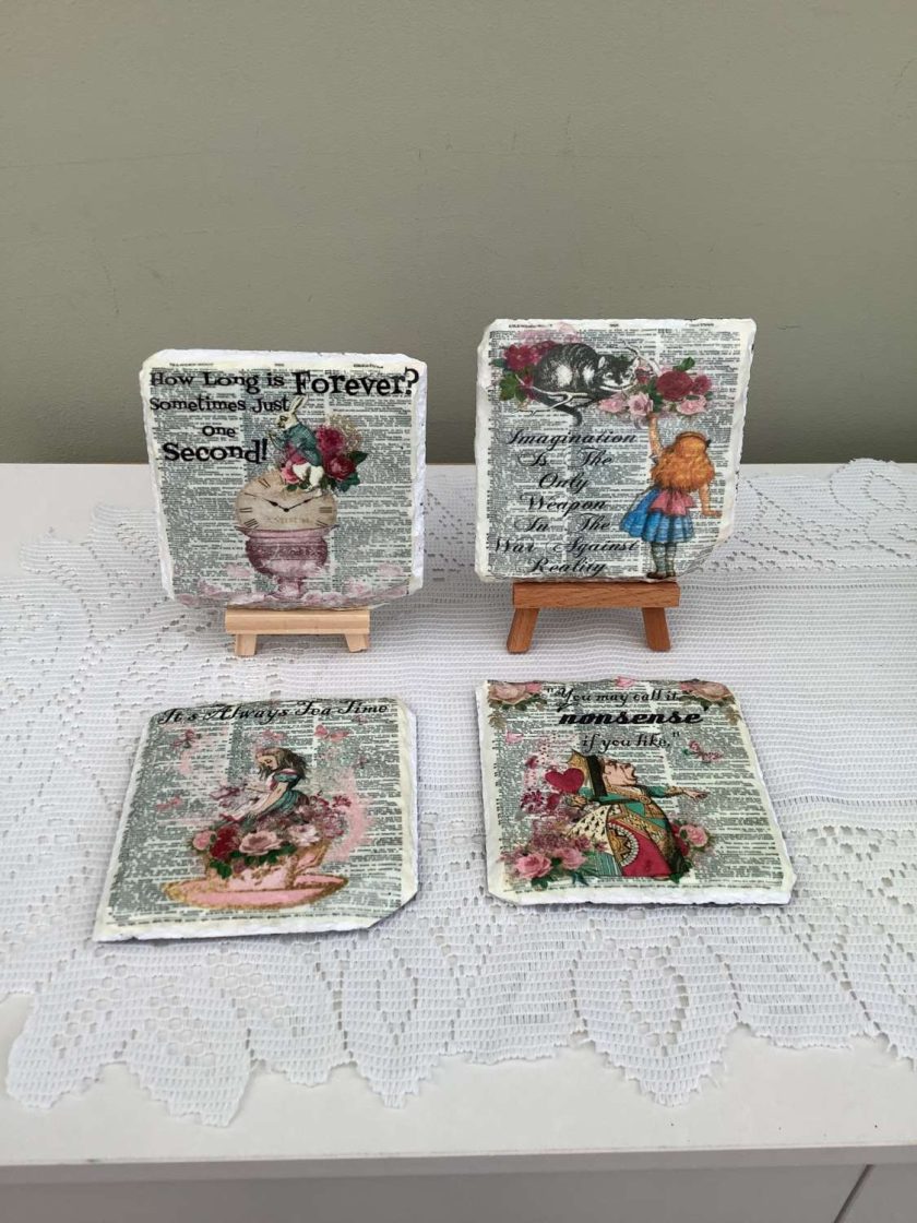 DECOUPAGED SLATE COASTERS WITH A ALICE IN WONDERLAND DESIGN MadeMe