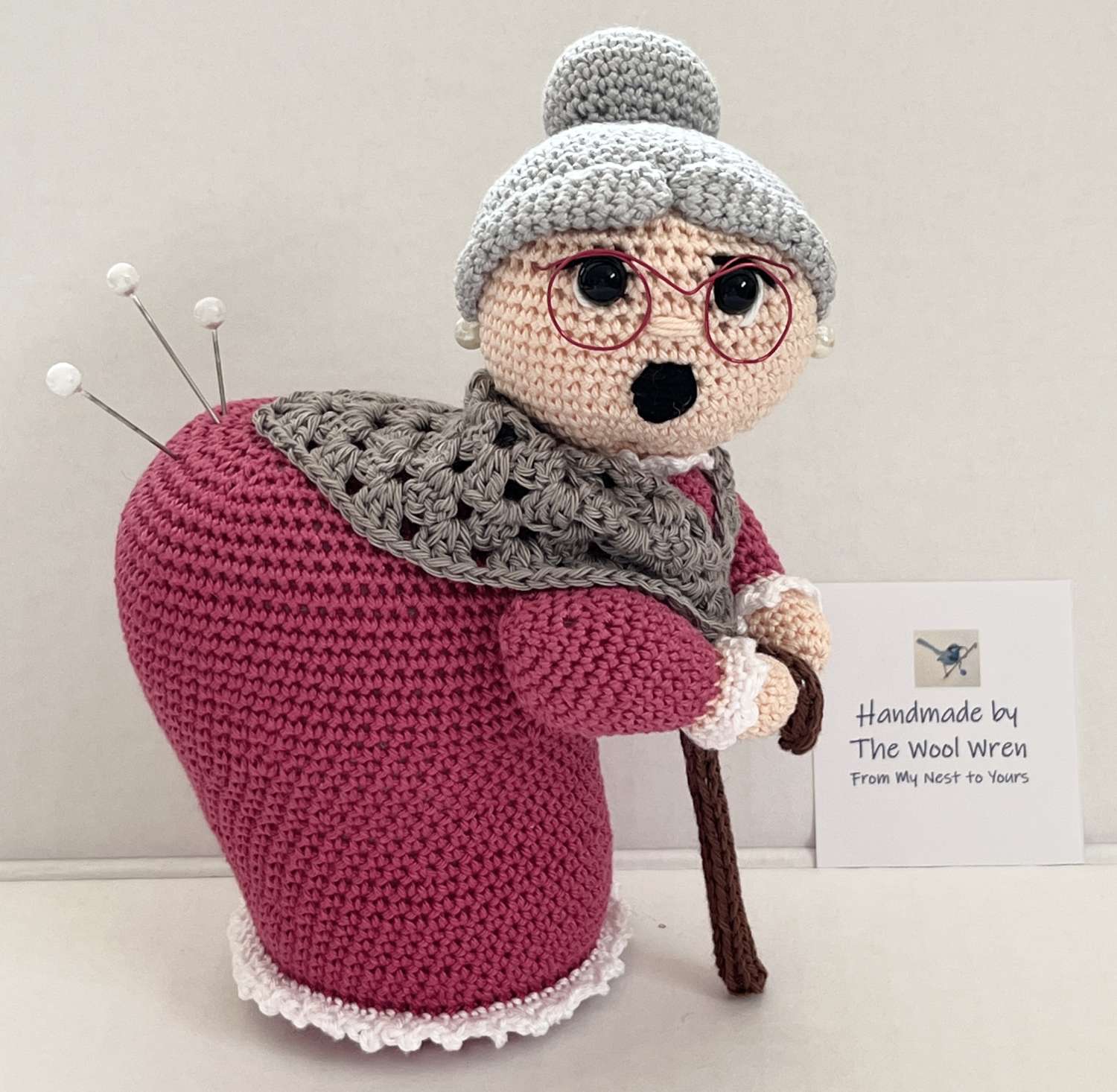 Amigurumi Bowling Lady / Old Lady Pin Cushion made with 100 cotton