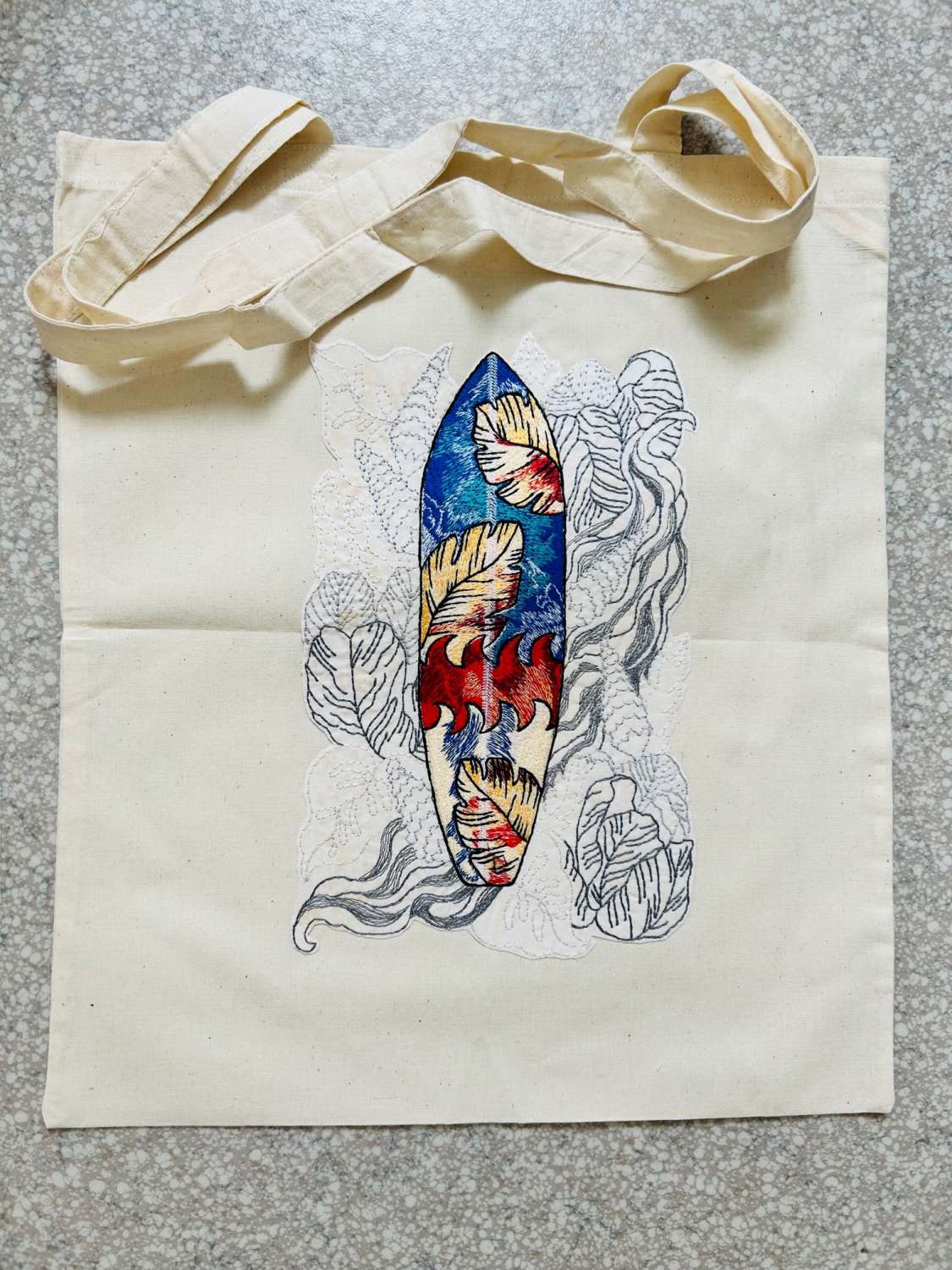 Surfboard Toe Main Embroidered Long-Handled Cotton Tote - Surfboard 1
