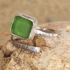 Hammered silver ring with sea glass stone