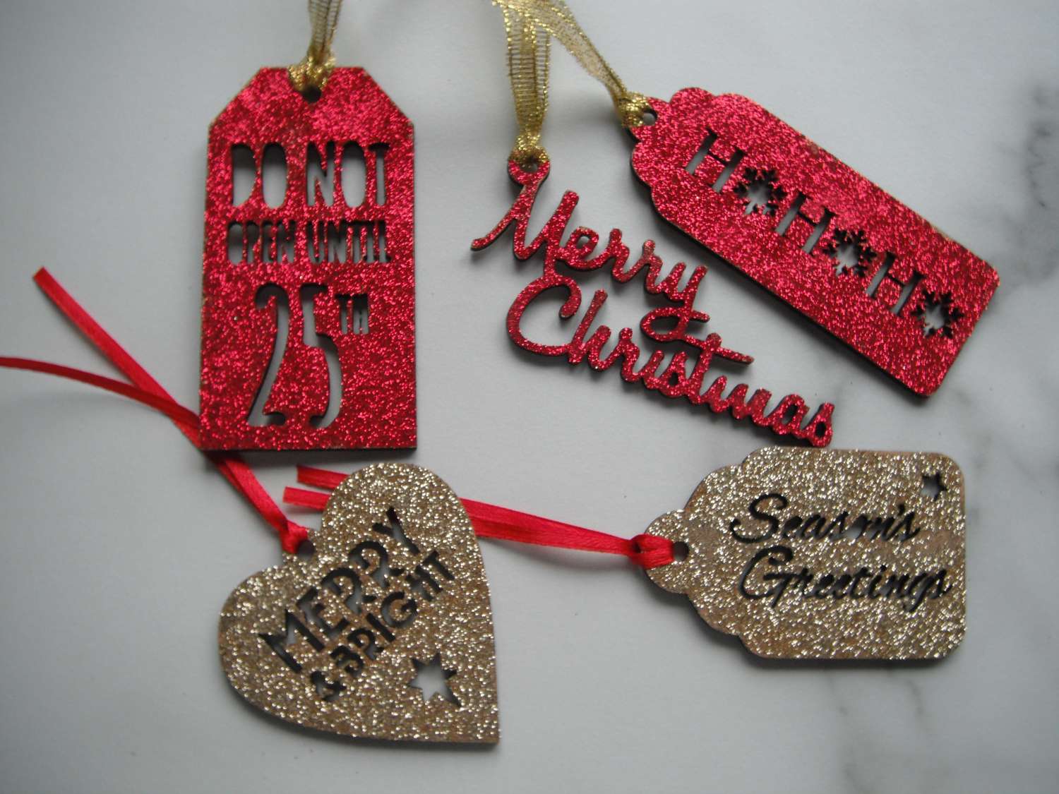 Red & Gold Glitter Xmas Decs/Gift tags MadeMe