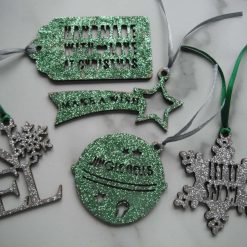 Green & Silver Glitter Xmas Decs/Gift tags
