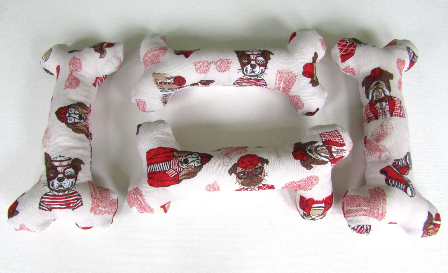 LARGE Dog Toy Bone, "Red/Cream Dog Pattern" (10inch) Quality Heavy Duty