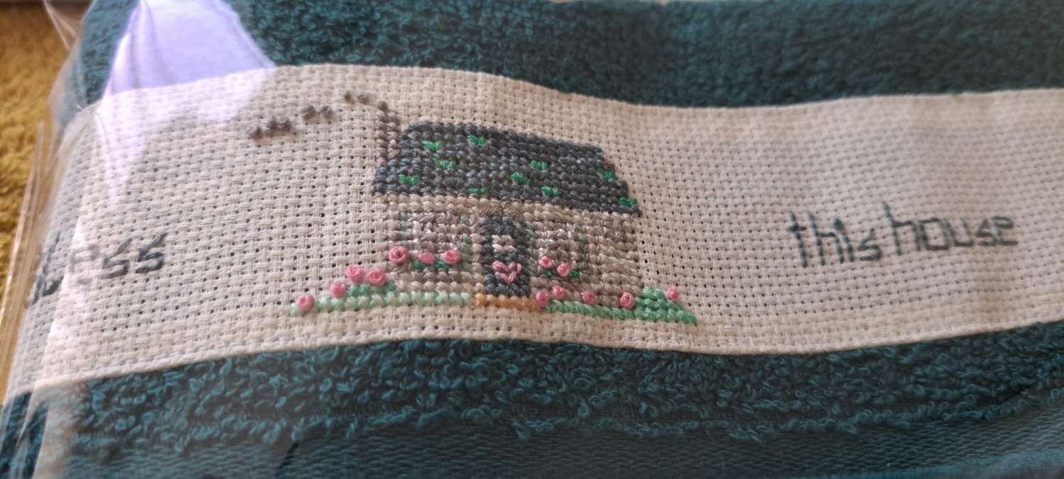 Hand Embroidered Guest Towel - Bless This House, smoking chimney Hand Embroidered Guest Towel - Bless This House, smoking chimney