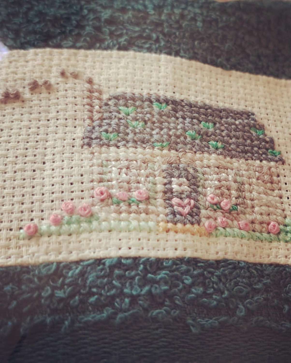 Hand Embroidered Guest Towel - Bless This House, smoking chimney Hand Embroidered Guest Towel - Bless This House, smoking chimney