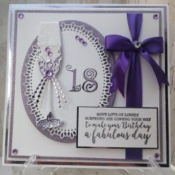 Luxury Handmade Birthday - Amethyst & White 18th celebration card, with champagne flute, ribbon & sentiment