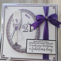 Luxury Handmade Birthday - Amethyst & White 21st celebration card, with champagne flute, ribbon & sentiment
