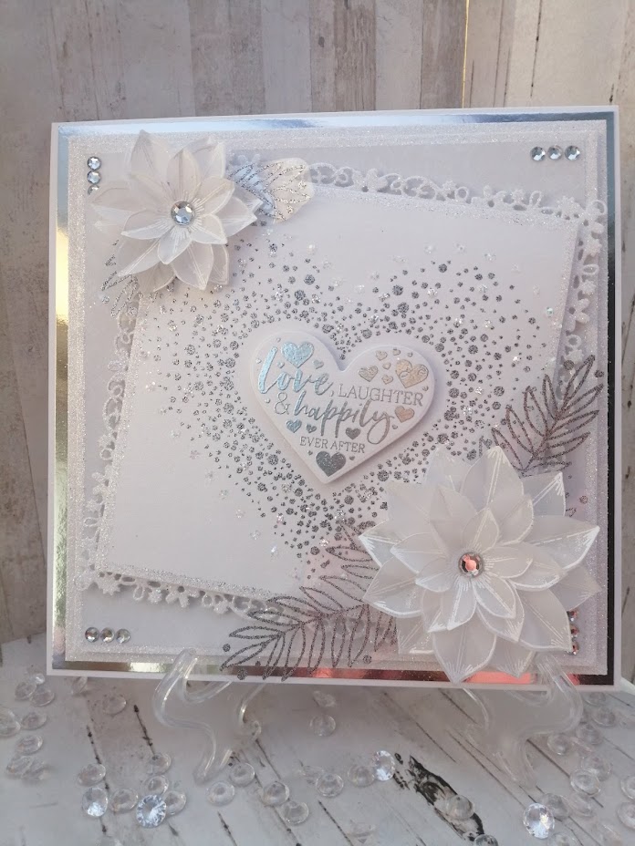 Luxury Handmade Wedding Card - Love, Laughter and Happily Ever After, silver & white confetti heart with vellum flowers Luxury Handmade Wedding Card - Love, Laughter and Happily Ever After, silver & white confetti heart with vellum flowers
