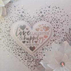 Luxury Handmade Wedding Card - Love, Laughter and Happily Ever After, silver & white confetti heart with vellum flowers 2 Luxury Handmade Wedding Card - Love, Laughter and Happily Ever After, silver & white confetti heart with vellum flowers 2