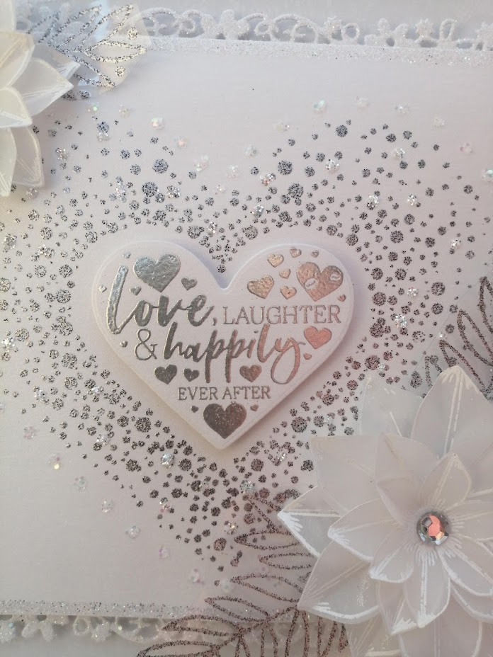 Luxury Handmade Wedding Card - Love, Laughter and Happily Ever After, silver & white confetti heart with vellum flowers Luxury Handmade Wedding Card - Love, Laughter and Happily Ever After, silver & white confetti heart with vellum flowers