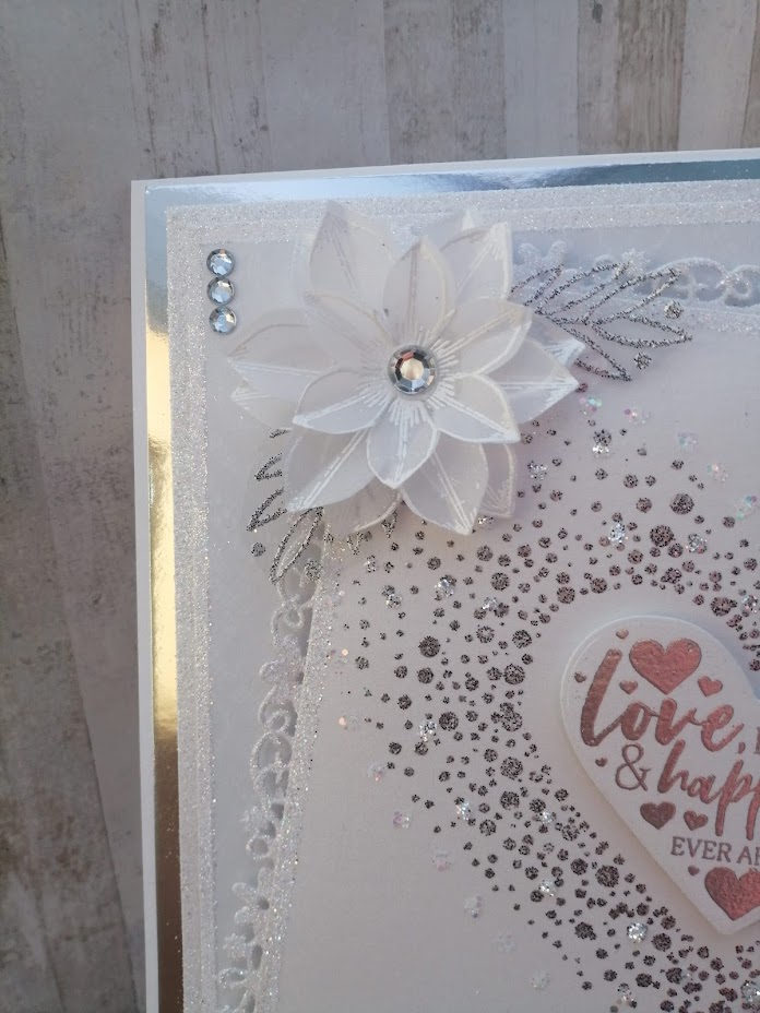 Luxury Handmade Wedding Card - Love, Laughter and Happily Ever After, silver & white confetti heart with vellum flowers Luxury Handmade Wedding Card - Love, Laughter and Happily Ever After, silver & white confetti heart with vellum flowers