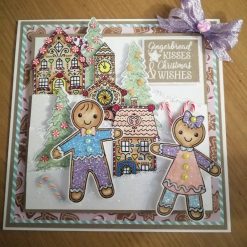 Luxury Handmade Christmas Card - Gingerbread Kisses & Christmas Wishes, cute gingerbread boy & girl with candy houses & Christmas trees, with non edible candy embellishments