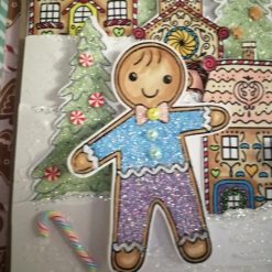 Luxury Handmade Christmas Card - Gingerbread Kisses & Christmas Wishes, cute gingerbread boy & girl with candy houses & Christmas trees, with non edible candy embellishments 3