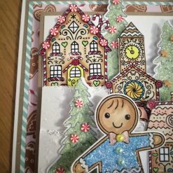 Luxury Handmade Christmas Card - Gingerbread Kisses & Christmas Wishes, cute gingerbread boy & girl with candy houses & Christmas trees, with non edible candy embellishments 1