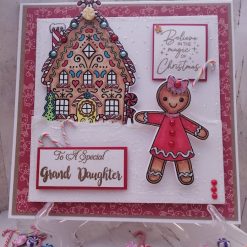 Luxury Handmade Christmas Card - To A Special Grand Daughter with a cute gingerbread girl, gingerbread house, with non edible candy embellishments & sparkle