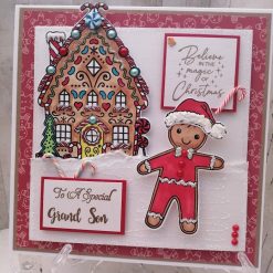 Luxury Handmade Christmas Card - To A Special Grand Son with a cute gingerbread boy, gingerbread house, with non edible candy embellishments & sparkle