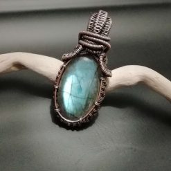 Copper wire wrapped labradorite blue teal pendant necklace