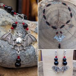 Bat necklace - black & red glass