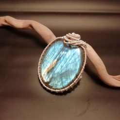 Silver electric blue labradorite wire weave wrapped pendant