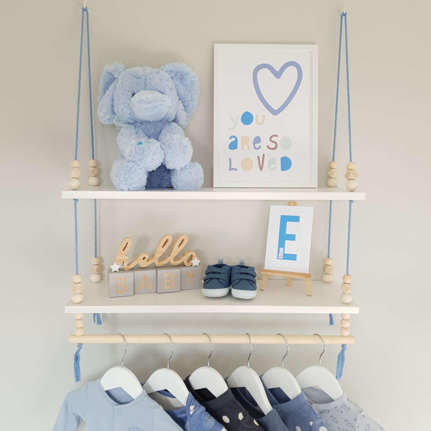 2 Tier Nursery Shelf with Clothes Rail, White Shelf with Rail, Boy's Nursery, Baby Boy, Light Blue, Kid's Shelf, Double Swing Rope Shelf, Hanging Shelf, Nordic Style Hanging Shelf, Swing Shelf, Baby Clothes Rail, Boho Nursery Decor, Nursery White Shelf, Bedroom Shelf, 60cm White 2 Tier 2 Tier Nursery Shelf with Clothes Rail, White Shelf with Rail, Boy's Nursery, Baby Boy, Light Blue, Kid's Shelf, Double Swing Rope Shelf, Hanging Shelf, Nordic Style Hanging Shelf, Swing Shelf, Baby Clothes Rail, Boho Nursery Decor, Nursery White Shelf, Bedroom Shelf, 60cm White 2 Tier