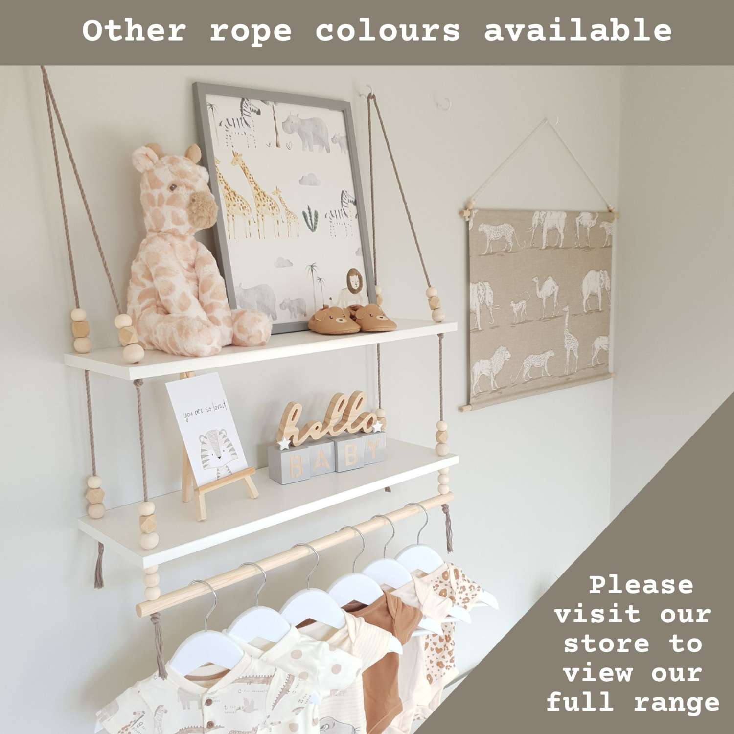 2 Tier Nursery Shelf with Clothes Rail, White Shelf with Rail, Boy's Nursery, Baby Boy, Light Blue, Kid's Shelf, Double Swing Rope Shelf, Hanging Shelf, Nordic Style Hanging Shelf, Swing Shelf, Baby Clothes Rail, Boho Nursery Decor, Nursery White Shelf, Bedroom Shelf, 60cm White 2 Tier 2 Tier Nursery Shelf with Clothes Rail, White Shelf with Rail, Boy's Nursery, Baby Boy, Light Blue, Kid's Shelf, Double Swing Rope Shelf, Hanging Shelf, Nordic Style Hanging Shelf, Swing Shelf, Baby Clothes Rail, Boho Nursery Decor, Nursery White Shelf, Bedroom Shelf, 60cm White 2 Tier