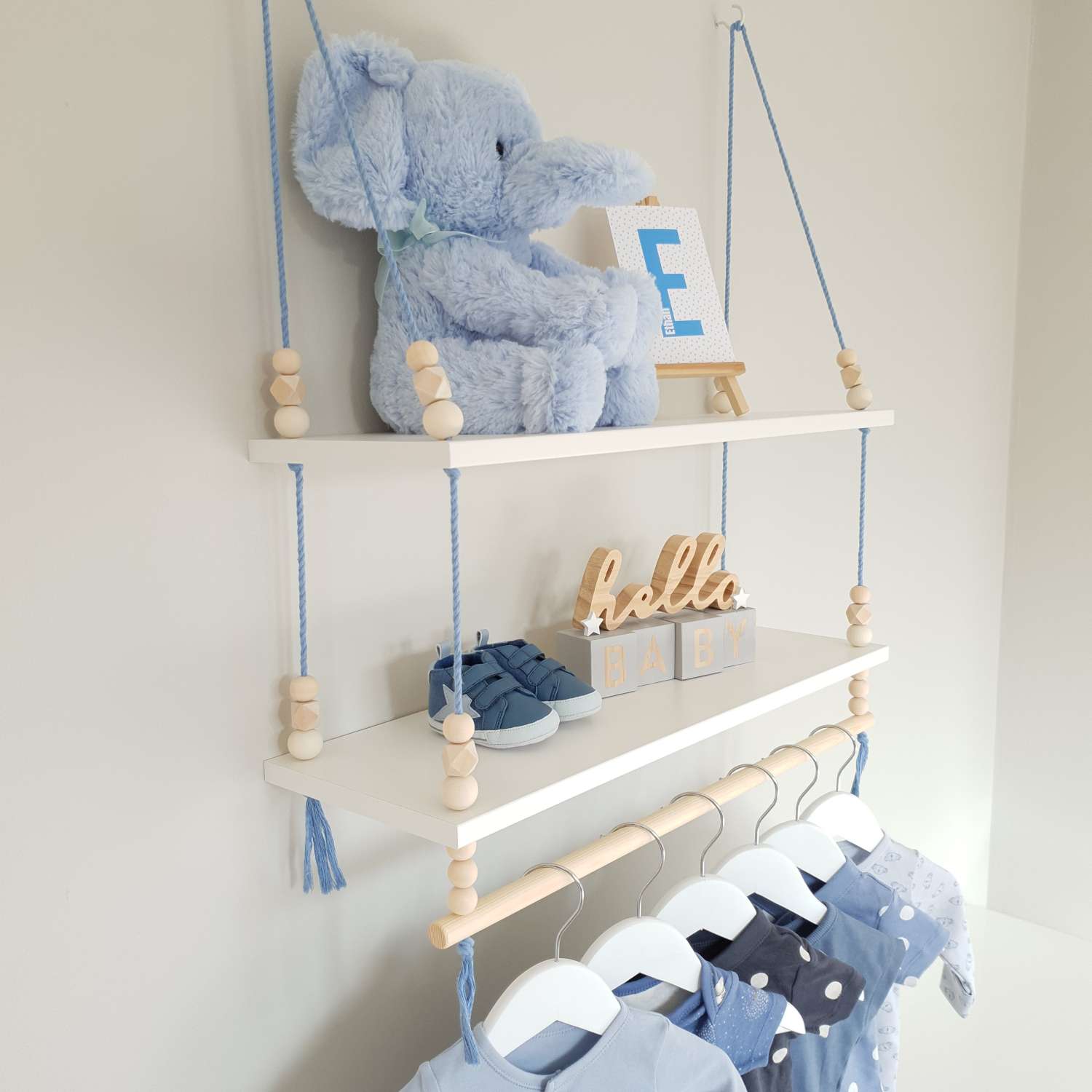 2 Tier Nursery Shelf with Clothes Rail, White Shelf with Rail, Boy's Nursery, Baby Boy, Light Blue, Kid's Shelf, Double Swing Rope Shelf, Hanging Shelf, Nordic Style Hanging Shelf, Swing Shelf, Baby Clothes Rail, Boho Nursery Decor, Nursery White Shelf, Bedroom Shelf, 60cm White 2 Tier 2 Tier Nursery Shelf with Clothes Rail, White Shelf with Rail, Boy's Nursery, Baby Boy, Light Blue, Kid's Shelf, Double Swing Rope Shelf, Hanging Shelf, Nordic Style Hanging Shelf, Swing Shelf, Baby Clothes Rail, Boho Nursery Decor, Nursery White Shelf, Bedroom Shelf, 60cm White 2 Tier