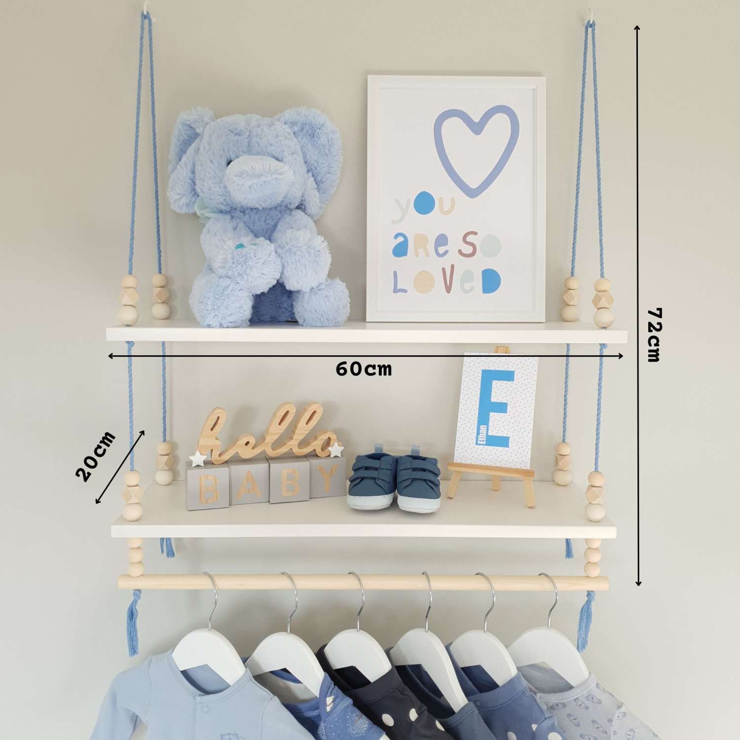 2 Tier Nursery Shelf with Clothes Rail, White Shelf with Rail, Boy's Nursery, Baby Boy, Light Blue, Kid's Shelf, Double Swing Rope Shelf, Hanging Shelf, Nordic Style Hanging Shelf, Swing Shelf, Baby Clothes Rail, Boho Nursery Decor, Nursery White Shelf, Bedroom Shelf, 60cm White 2 Tier 2 Tier Nursery Shelf with Clothes Rail, White Shelf with Rail, Boy's Nursery, Baby Boy, Light Blue, Kid's Shelf, Double Swing Rope Shelf, Hanging Shelf, Nordic Style Hanging Shelf, Swing Shelf, Baby Clothes Rail, Boho Nursery Decor, Nursery White Shelf, Bedroom Shelf, 60cm White 2 Tier