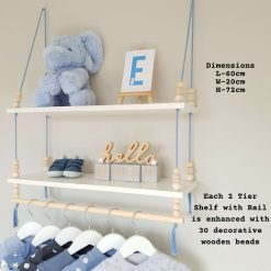 2 Tier Nursery Shelf with Clothes Rail, White Shelf with Rail, Boy's Nursery, Baby Boy, Light Blue, Kid's Shelf, Double Swing Rope Shelf, Hanging Shelf, Nordic Style Hanging Shelf, Swing Shelf, Baby Clothes Rail, Boho Nursery Decor, Nursery White Shelf, Bedroom Shelf, 60cm White 2 Tier 4 2 Tier Nursery Shelf with Clothes Rail, White Shelf with Rail, Boy's Nursery, Baby Boy, Light Blue, Kid's Shelf, Double Swing Rope Shelf, Hanging Shelf, Nordic Style Hanging Shelf, Swing Shelf, Baby Clothes Rail, Boho Nursery Decor, Nursery White Shelf, Bedroom Shelf, 60cm White 2 Tier 4