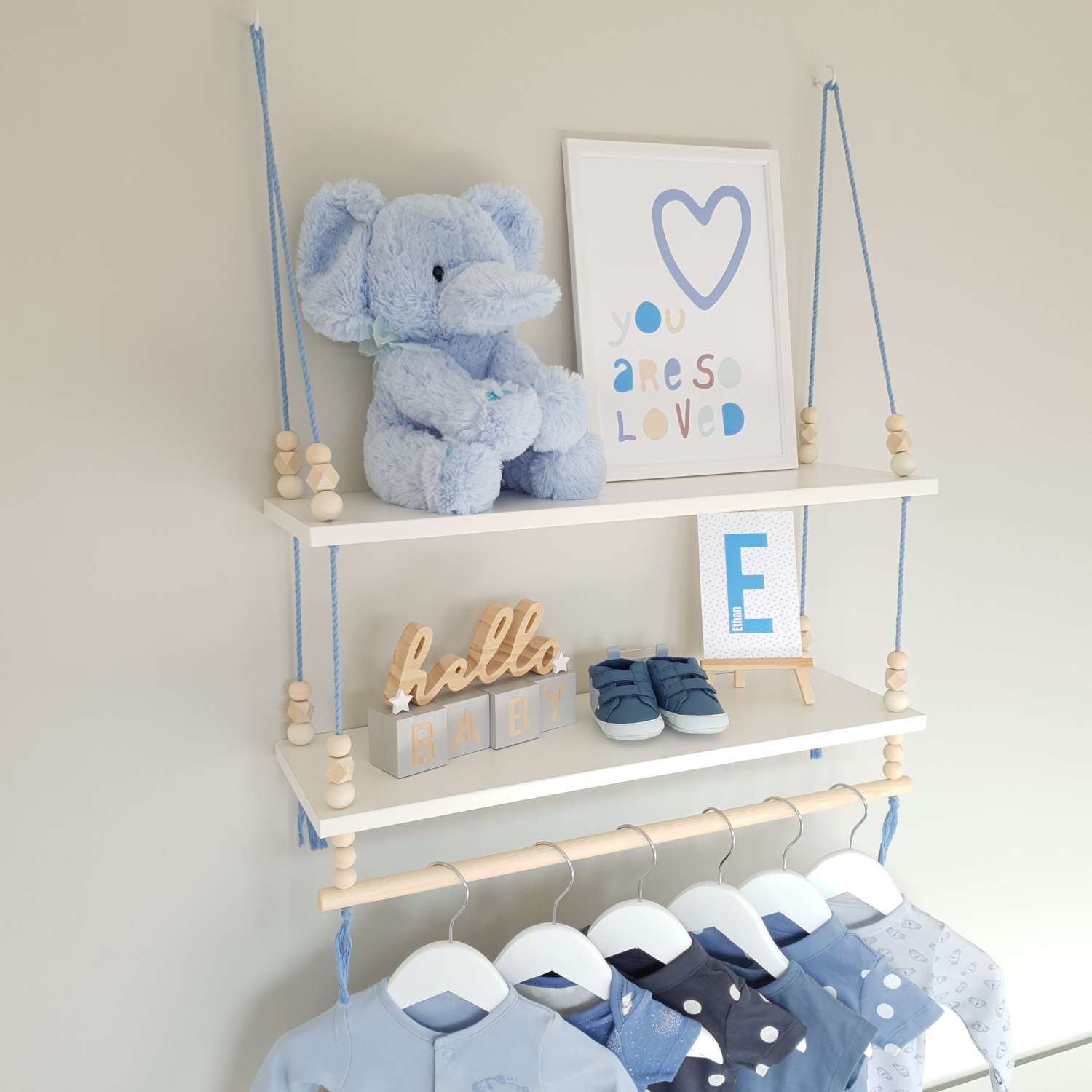 2 Tier Nursery Shelf with Clothes Rail, White Shelf with Rail, Boy's Nursery, Baby Boy, Light Blue, Kid's Shelf, Double Swing Rope Shelf, Hanging Shelf, Nordic Style Hanging Shelf, Swing Shelf, Baby Clothes Rail, Boho Nursery Decor, Nursery White Shelf, Bedroom Shelf, 60cm White 2 Tier 2 Tier Nursery Shelf with Clothes Rail, White Shelf with Rail, Boy's Nursery, Baby Boy, Light Blue, Kid's Shelf, Double Swing Rope Shelf, Hanging Shelf, Nordic Style Hanging Shelf, Swing Shelf, Baby Clothes Rail, Boho Nursery Decor, Nursery White Shelf, Bedroom Shelf, 60cm White 2 Tier