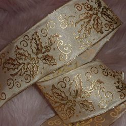 Cream & Gold Embossed Holly Wire Edged Ribbon 63mm x 1 Metre  Xmas Crafts, Wreath, Wrapping, Cakes FREE SHIPPING (Copy)