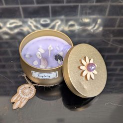 Tin  Raspberry scented Candles with  Crystals