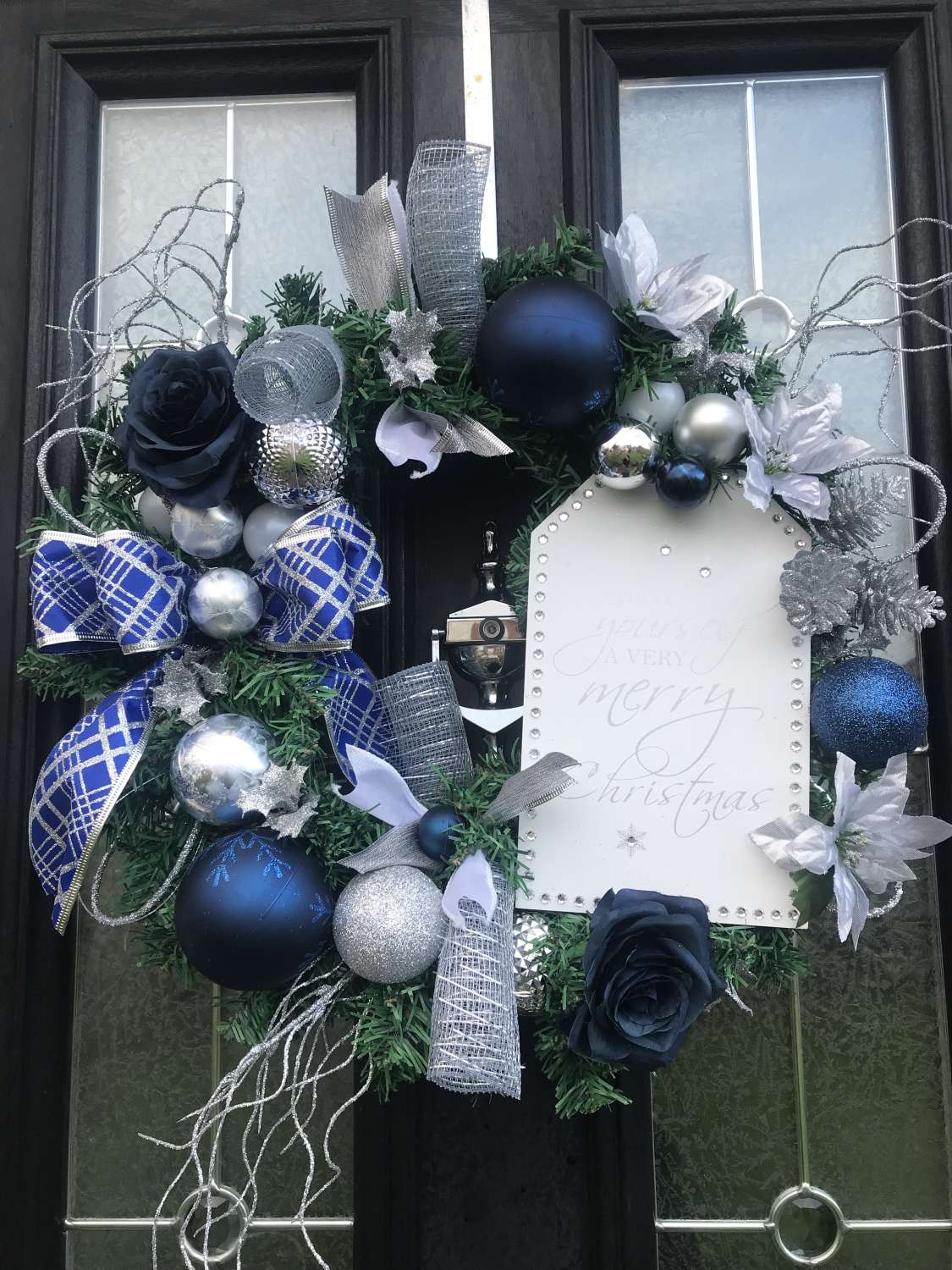 Blue & Silver Christmas wreath with white sign MadeMe