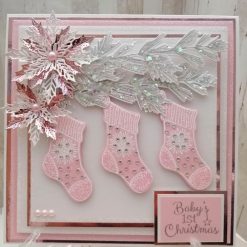 Luxury Handmade Christmas Card - Baby's 1st Christmas in pink & white & with little hanging stockings