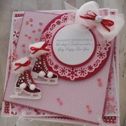 Luxury Handmade Christmas Card - Warmest Wishes for a Wonderful Christmas.... Red & Pink, with glittery & fluffy skates, white organza bow & candy (non edible) embellishments
