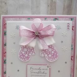 Luxury Handmade Christmas Card - Friends are like snowflakes..... Pink & white, with snowflake pink mittens and furry cuffs & snowflake embellishments